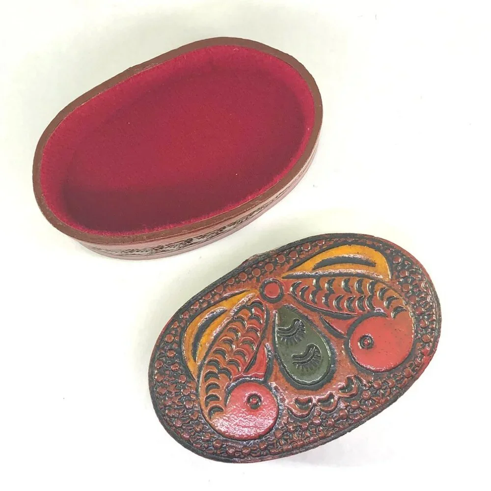 hand tooled leather trinket box butterfly moth folk art keepsake jewelry oval
